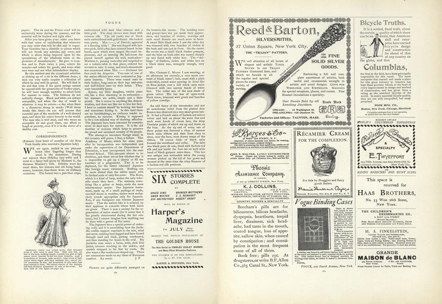 Correspondence (Extracts From Letter of Member of Old New York Family Who Married a Japanese Lady)